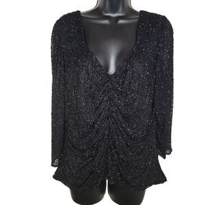 Marina Black Heavely beaded v-neck Evening blouse top 1x